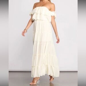 Windsor Off-Shoulder Cream Tiered Maxi Dress